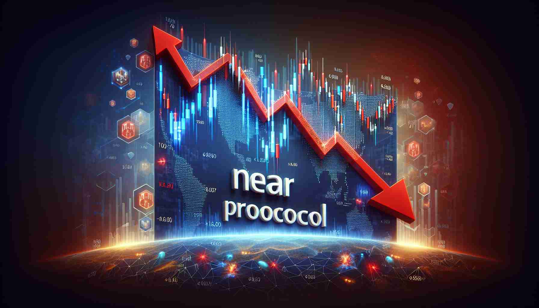 An HD quality, realistic illustration depicting the metaphorical concept of the NEAR Protocol experiencing a bearish shift. This can include visual representations of traditional technical indicators such as falling price charts, red arrows and numbers to symbolize a market downturn. The name 'NEAR Protocol' should appear prominently, reflecting the subject of the concept.