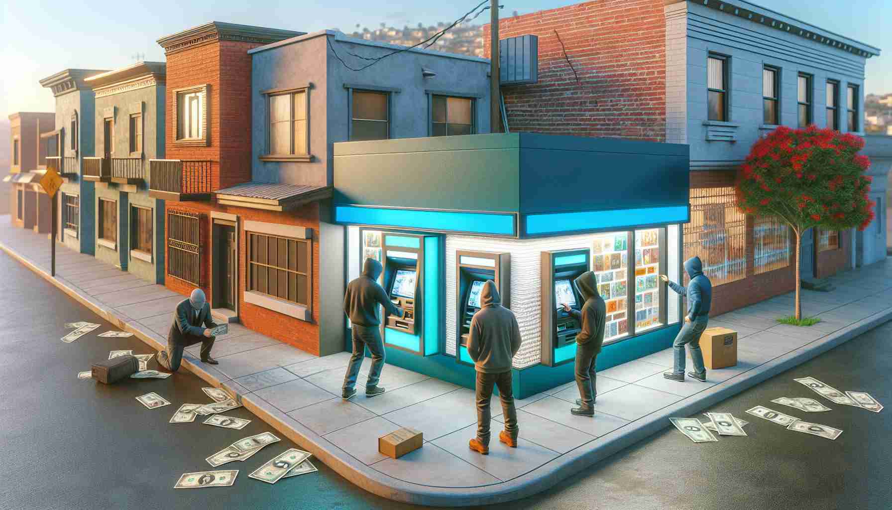 Generate a realistic, high definition image depicting a scenario where unidentified persons are attempting fraudulent activities at cryptocurrency ATMs in a mid-sized city environment. Capture the essence of a suburban neighborhood with varied building aesthetics and highlight the ATM machines which are designed for digital currency transactions.