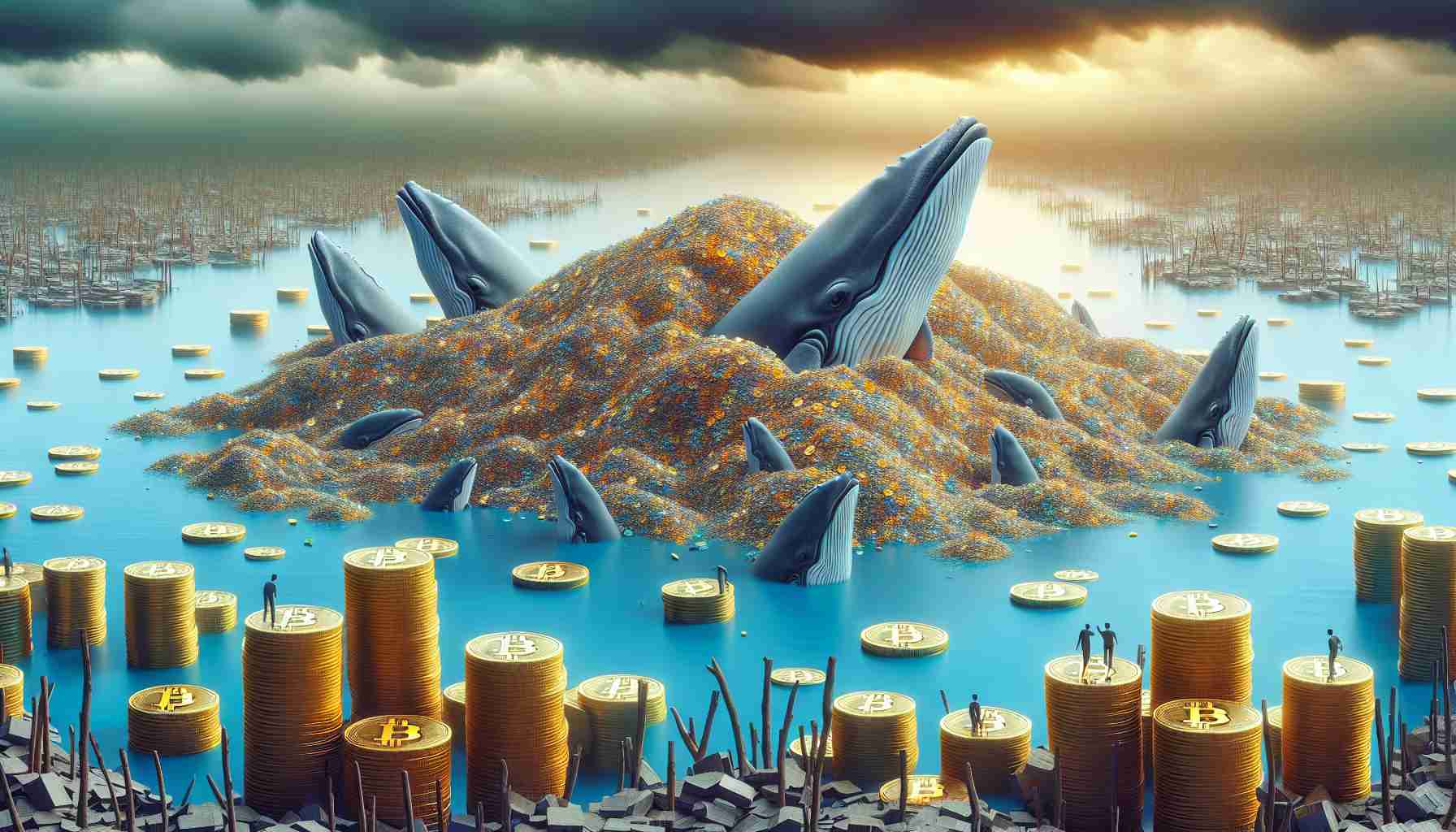 A realistic high-definition depiction of a metaphorical scene where humanized whales, symbolizing large-scale investors, are continuously gathering piles of physical representations of Bitcoin, indicating investments, despite a surrounding environment which reflects an apathetic market scenario. This environment could be characterized by dull colors, lack of activity, and a cloudy, gloomy sky.