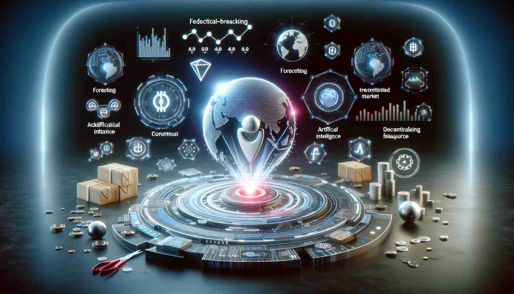 Realistic high-definition image of a conceptual representation of a decentralized prediction market platform launching a ground-breaking artificial intelligence-driven feature. Depict a setting involving futuristic technology, and symbols and elements related to forecasting, artificial intelligence and decentralization.