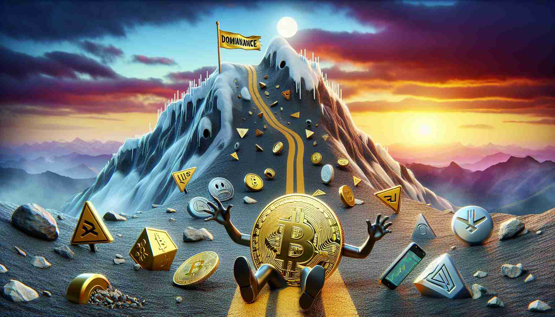 Realistic, high-definition depiction of market fluctuations, portrayed metaphorically. A golden Bitcoin coin, personified with a shocked expression, trips and loses balance on a rocky path uphill, signifying its decline. A mountain named 'Dominance' with a flag at its peak stands tall in the background, representing its increasing command. Along the path, various symbolized assets fall, forming an avalanche, indicating widespread liquidation. The sky blends sunset's warmth with night's tranquility, depicting the relentless flow of time, the constant change in market conditions.