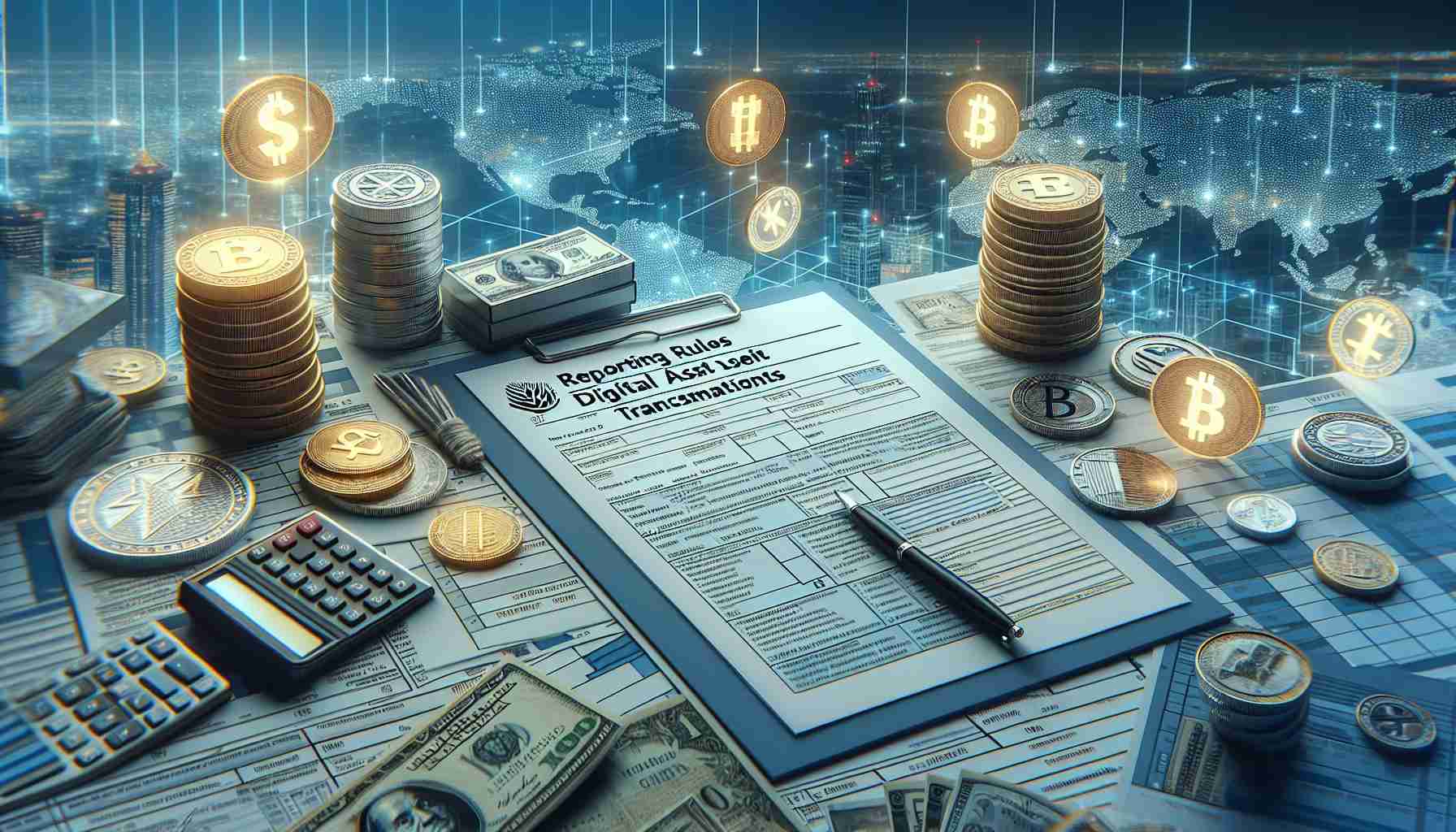 A high-definition, realistic depiction of the new reporting rules for digital asset transactions imposed by the Internal Revenue Service. The image should include various digital assets such as cryptocurrencies and tokens as well as relevant documentation and reporting forms. It could also represent the impact of these rules on crypto traders and investors.