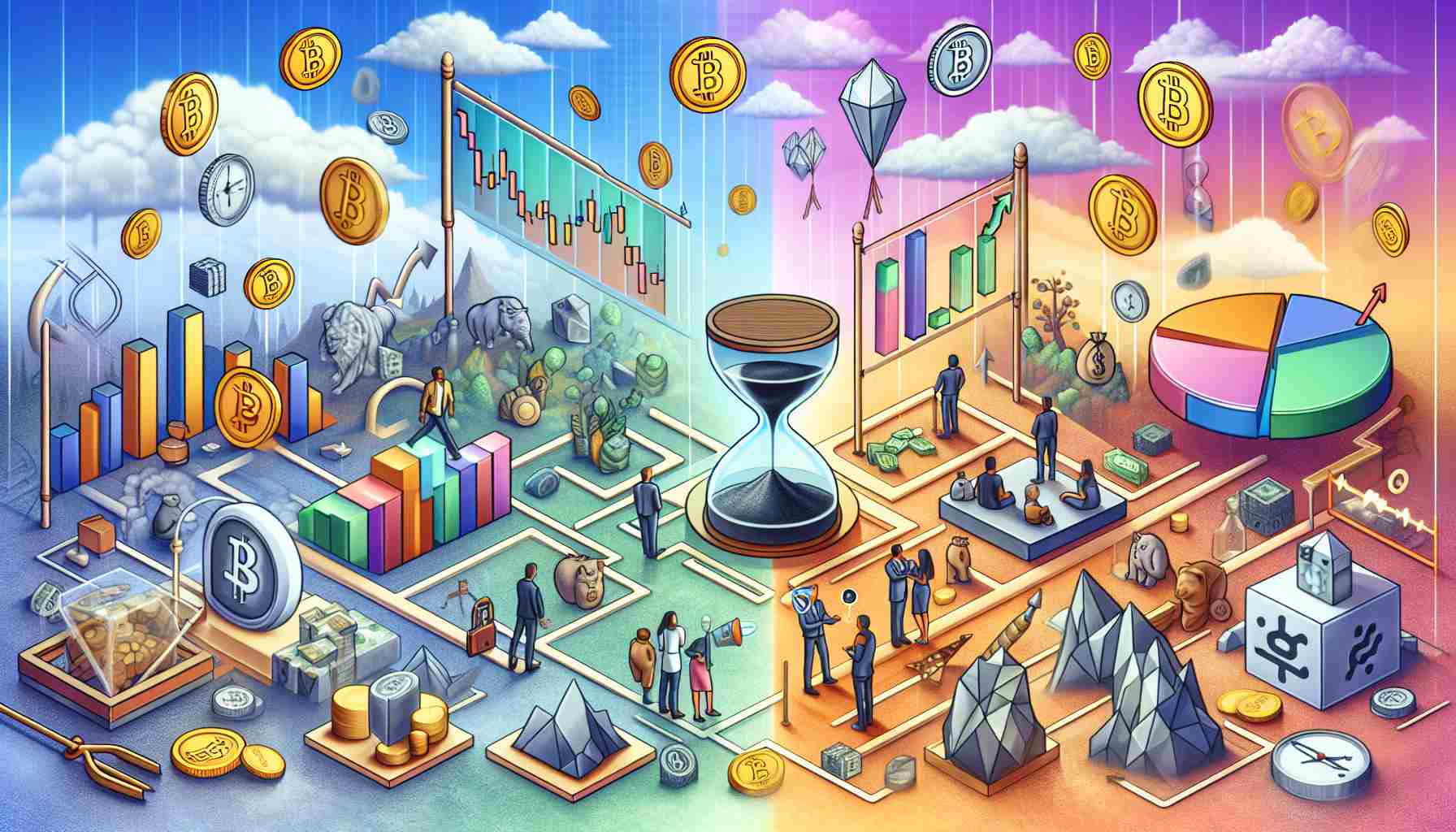 Create a detailed and realistic HD depiction showing the paradox of cryptocurrency's quest for mainstream success. Illustrate this abstract idea by using elements like digital tokens, market charts showing ups and downs, people from diverse descents and genders engaging with cryptocurrency. Miscommunication, uncertainty, and a quartz clock or hourglass to signify the 'time and patience' it often requires to achieve success.