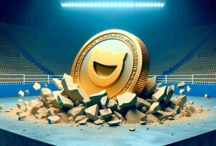 Generate a realistic, HD photo of a conceptual representation of a memecoin, symbolized as a token, that is breaking through an arena wall, indicating that it is becoming a major player in the world of cryptocurrency.