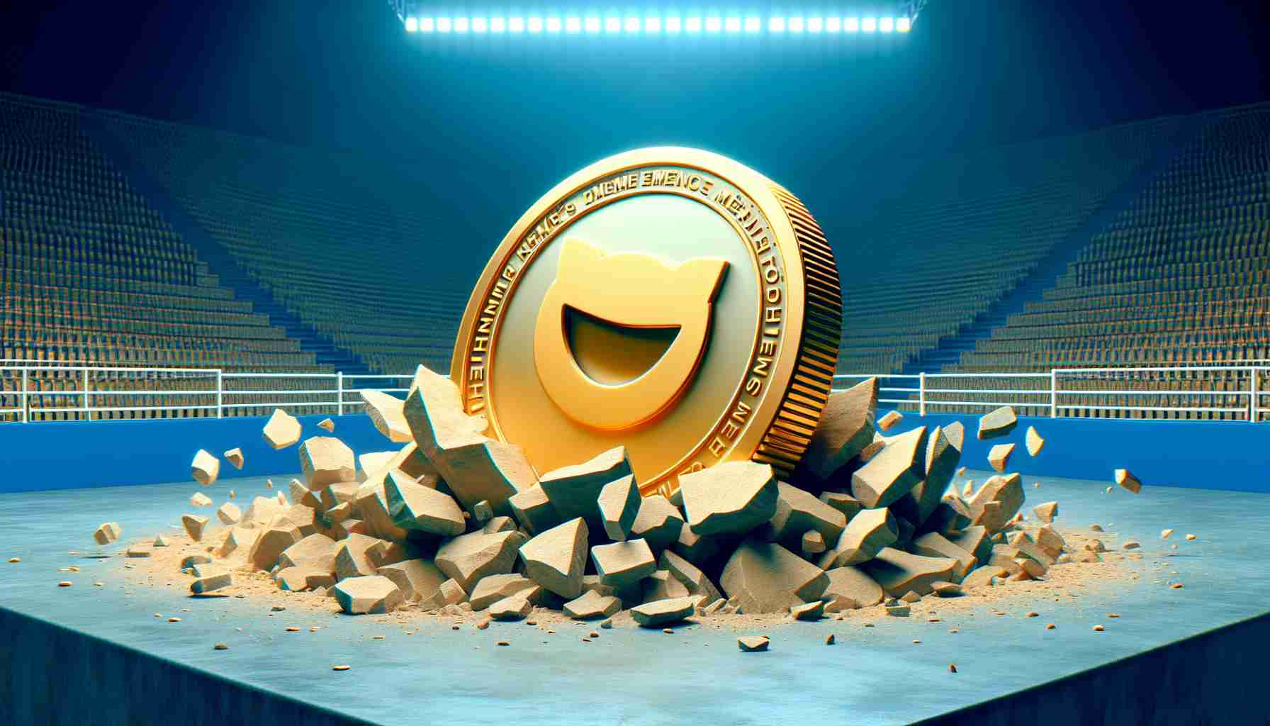 Generate a realistic, HD photo of a conceptual representation of a memecoin, symbolized as a token, that is breaking through an arena wall, indicating that it is becoming a major player in the world of cryptocurrency.