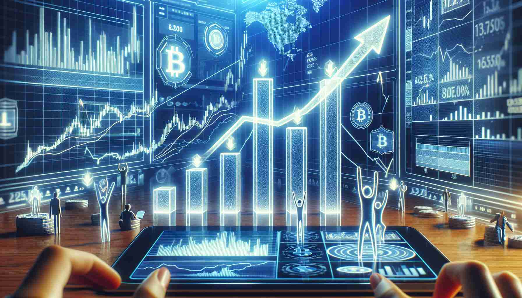 An image representing positive market sentiment for a generic cryptocurrency, with a virtual chart showing a significant uptick to indicate rising holder profits. It should capture the excitement and optimism in the air as the digital currency soars in value. The chart could be displayed on a modern digital device screen and presented in high definition for added realism. Additionally, include captivating visualizations such as column bars or lines soaring upwards, favourable indicators, positive percentages, and perhaps small figurines rejoicing around the surge. Avoid any identifiable logos or trademarks across the image.