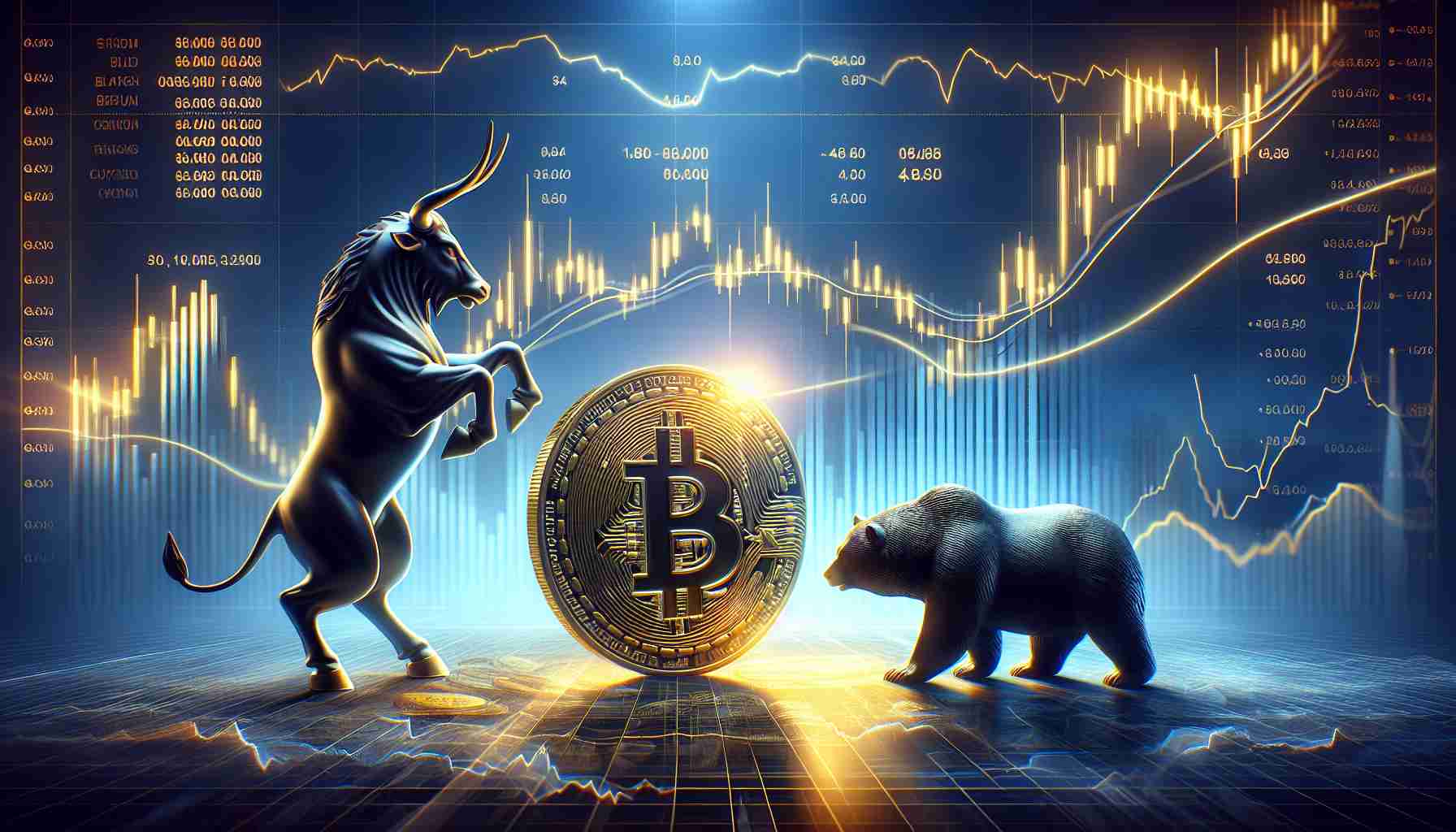 Generate a realistic HD image that represents the resilience of an unspecified cryptocurrency being tested by market dynamics. The image can incorporate various elements such as a coin or symbol for the crypto currency, graphs showing market trends and volatility, drastic swings in market value, and, perhaps, a bull and bear figurine symbolising the constant battle of rise and fall in the market. However, make sure not to use any specific names or symbols associated with particular cryptocurrencies.