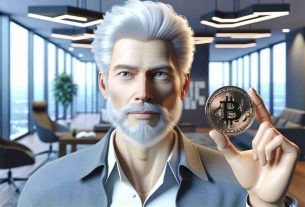 High definition, realistic image of a man with white hair, fair skin, and a thoughtful expression on his face. He is holding a symbolic representation of cryptocurrency. Set the scene in a modern office or a spacious living room to denote his post-commutation status.