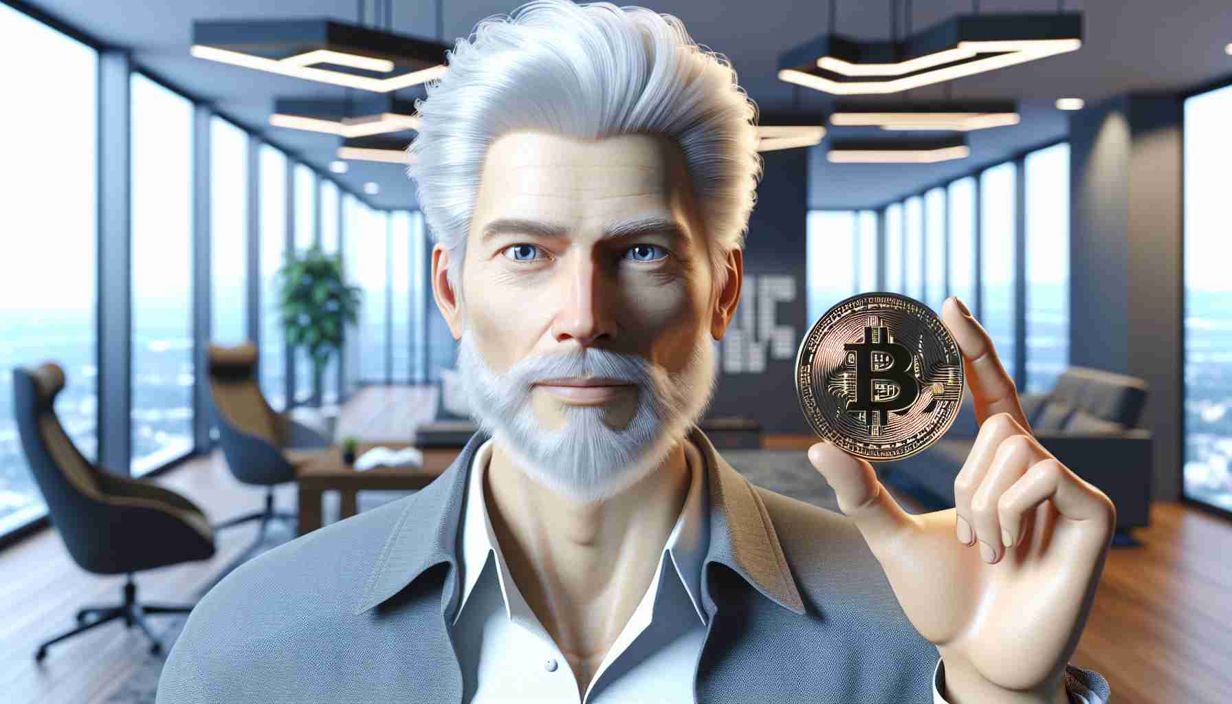 High definition, realistic image of a man with white hair, fair skin, and a thoughtful expression on his face. He is holding a symbolic representation of cryptocurrency. Set the scene in a modern office or a spacious living room to denote his post-commutation status.