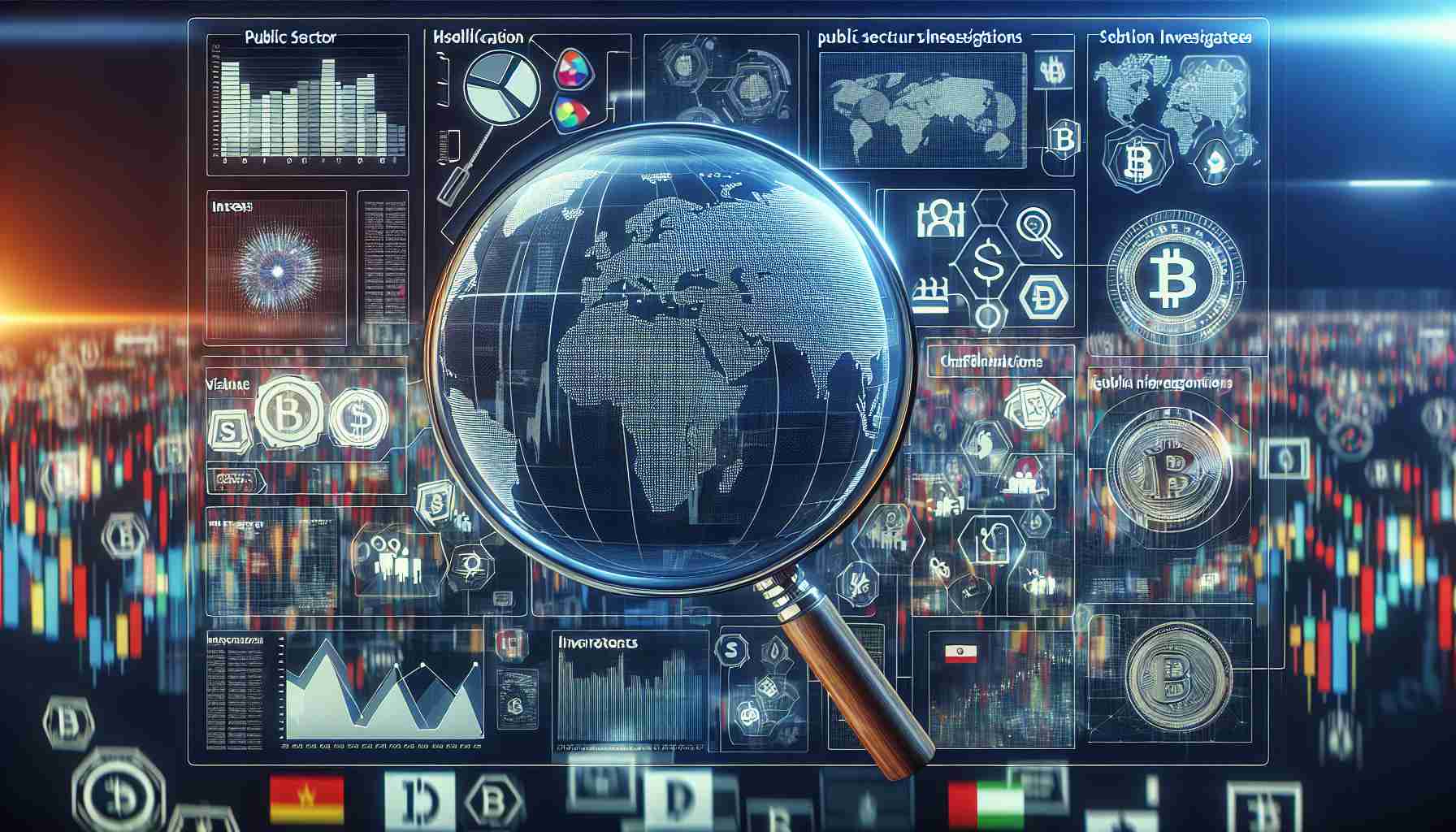 Visualize a high-definition, realistic scene showing a global perspective on public sector insights into cryptocurrency investigations and challenges. This might include a map with information overlays representing areas of high cryptocurrency activity, different national flags symbolizing different countries' stands on the issue, and graphical representations of different challenges faced by public sector investigators. Include visuals of digital currency icons, charts indicating market fluctuations, and perhaps the symbolic image of a magnifying glass over a blockchain symbol to represent investigation.