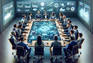 An impression of a conference table with diverse group of professionals around it. Men and women, of various descents like Caucasian, Asian, Black and Hispanic, wearing formal business attire are actively engaged in discussion. In the background, screens display digital graphs, charts, and diagrams related to 'Blockchain'. The center of the table holds a sign reading 'Resolution in Binance Dispute'. The scene should be rendered in realistic, high-definition quality.