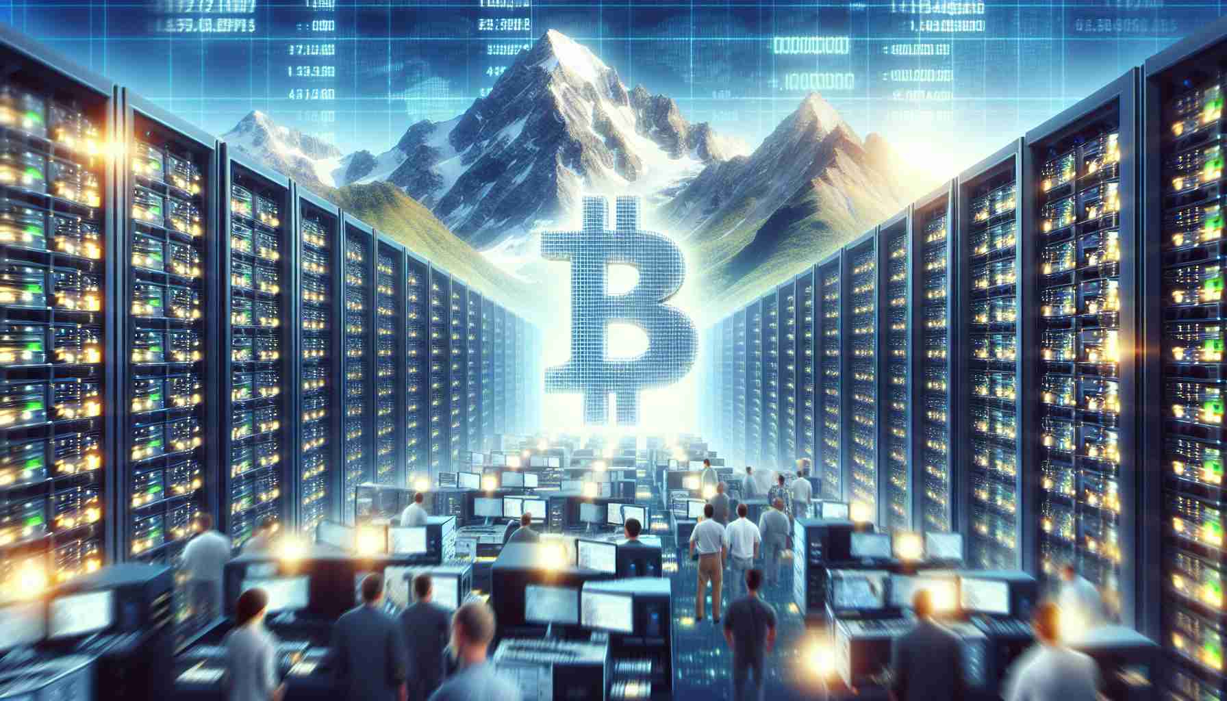 A high-definition, realistic image showing several U.S. bitcoin mining firms. The surrounding environment suggests they are located at the peak of a tall mountain. Depict the cutting-edge technology used in these facilities, such as rows of computer servers with blinking lights. Convey the intensity of the operation through showing a buzzing atmosphere filled with busy employees. In the background, pixelate a large digital display showcasing the fluctuating prices of Bitcoin.