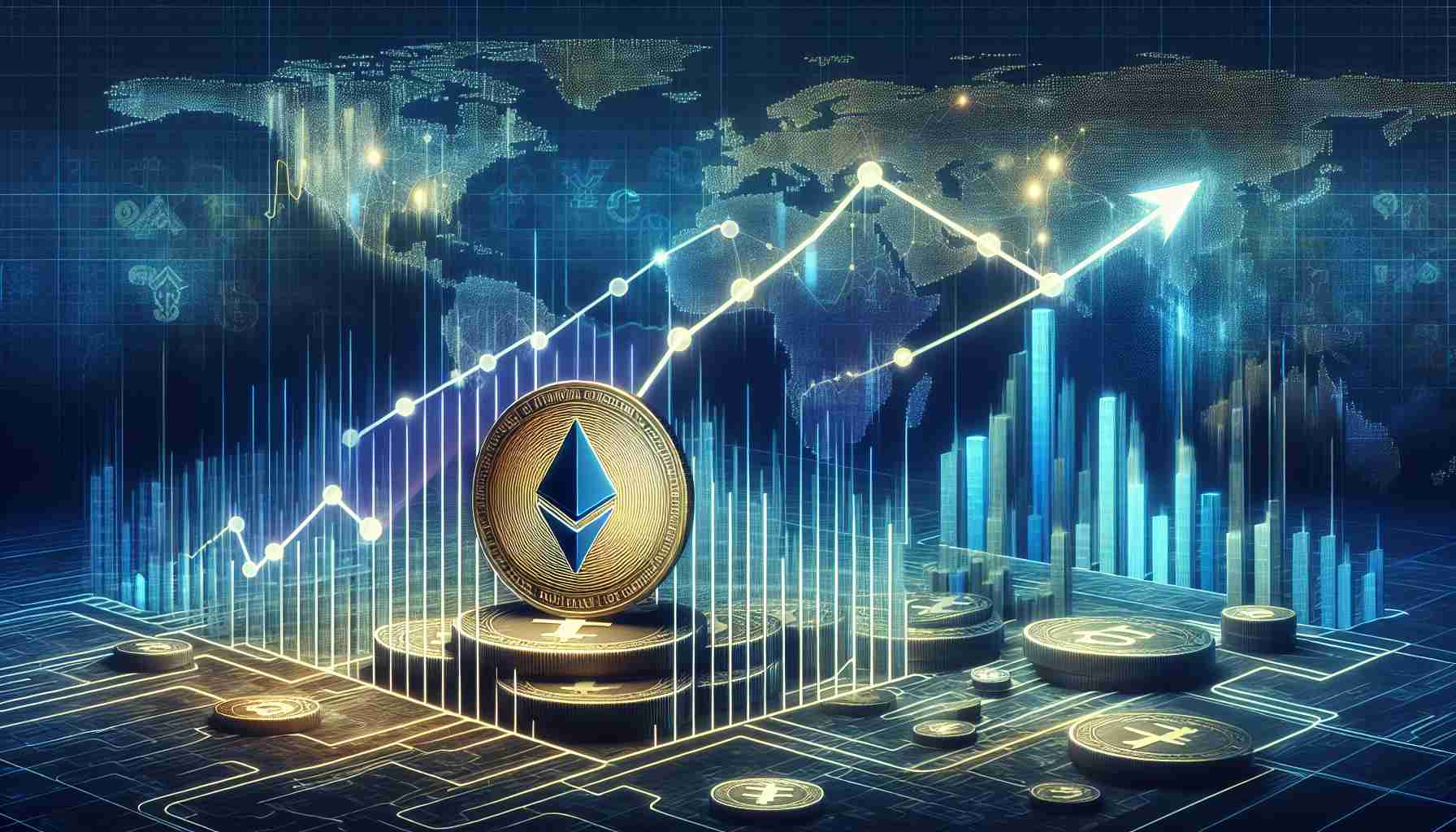 Create a realistic, high-definition image representation of 'The Strategic Influence of Tether (a form of cryptocurrency) in an Evolving Economic Landscape'. This image should illustrate the growing impact of cryptocurrencies such as Tether in the world economy. The depiction could involve abstract concepts such as graphs showing Tether's rise, symbolic elements representing traditional financial structures, and indications of change and evolution in the economic landscape. Avoid the use of any real-world currency symbols or specific company logos.