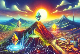 Visualize an abstract concept of the blockchain landscape where Solana symbol is scaling a mountain peak and Ethereum symbol is on a slightly lower peak. Set the backdrop with a picturesque sunrise, illustrating the 'Ascent of Solana'. Use colors and symbols to convey a changing dynamic within the blockchain sector while maintaining a photographic level of detail suitable for high-definition display.