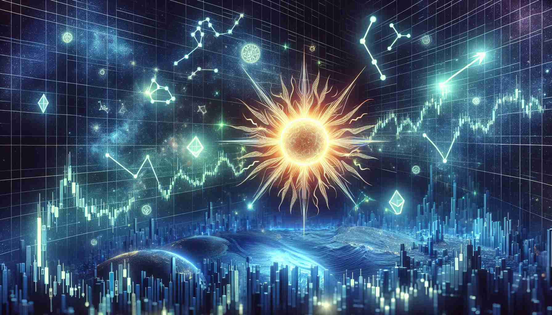 A high definition and realistic image illustrating the concept of enduring optimism for the growth of a abstract digital currency network represented by solar imagery, as well as the innovation of a celestial-themed digital asset amidst variations in the virtual currency market. The image should combine symbols of hope and resilience, such as a sun rising against a stock market chart, stellar constellations reshaping, all set against a backdrop of digital data flux to represent the dynamic and uncertain nature of the crypto market.