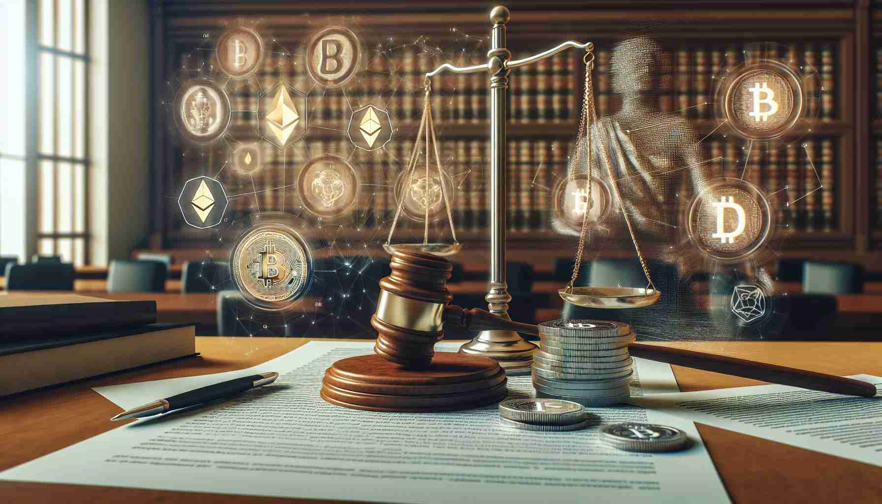 A high-definition realistic image representing the implications of a significant court decision on the regulation of the cryptocurrency landscape. The scene should show symbolic elements - a courtroom setting with a judge's gavel; documents indicating regulatory rules, and digital symbols for cryptocurrencies like Bitcoin and Ethereum. Keep the color palette neutral, with occasional pops of gold and silver to represent digital currencies.