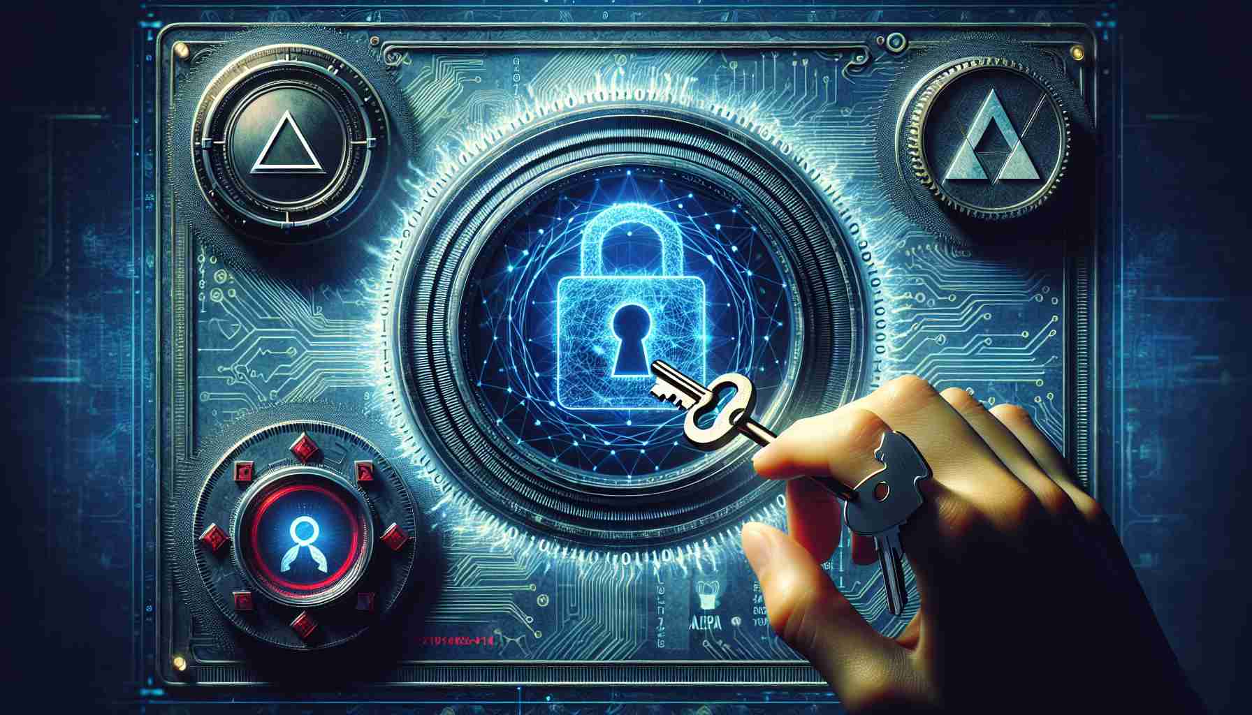 Generate a realistic high definition image depicting a scene of unlocking exclusive knowledge. Show an abstract concept of cryptography with symbols, codes, and keys. Also portray a concept of membership, perhaps by featuring a card or a distinctive badge symbolizing Alpha status.