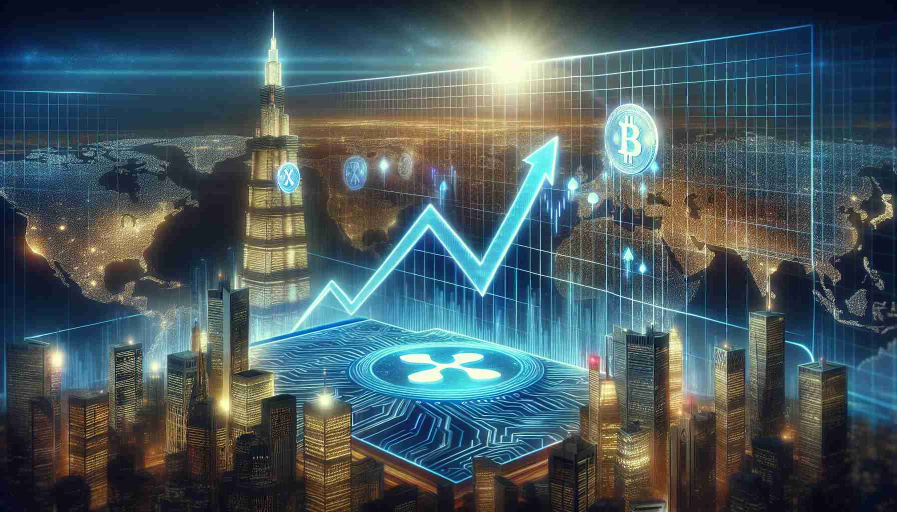 A high-definition image depicting the optimistic future of XRP in financial systems. The scene can include an ascending line graph on a digital screen, signifying the continuous growth of XRP. There might be a vibrant cityscape in the background, representing the global financial marketplaces where cryptocurrencies like XRP are used. Some of the tall skyscrapers could have glowing holograms of XRP logos on them, symbolizing their acceptance and integration into mainstream banking and financial systems.