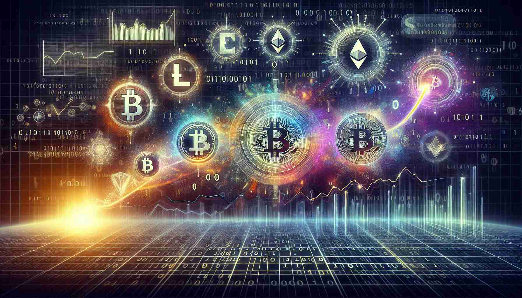 Generate a high definition, realistic image depicting the resurgence and evolution of cryptocurrency over a span of two years. The image can consist a grand timeline with significant milestones, splashes of binary code, and symbols of popular cryptocurrencies like Bitcoin, Litecoin, Ethereum. Manifest the fluctuating graphs or charts showing the rise and fall of crypto value incorporated with subtle hints of global adoption and tech involvement.