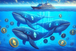 A realistic high-definition image illustrating the metaphorical concept: 'Ethereum Whales Reach Record Holdings While Exchange Wallets Shrink'. In the foreground, depict large, majestic whales with the Ethereum logo incorporated into their bodies, swimming in a vast deep-blue ocean. These whales represent the 'Ethereum Whales' and are holding large amounts of Ethereum coins. In the background, show a yacht representing an 'Exchange', getting smaller, signaling a reduction in its holdings. Ensure that the currency symbol 'ETH' is prominently displayed.