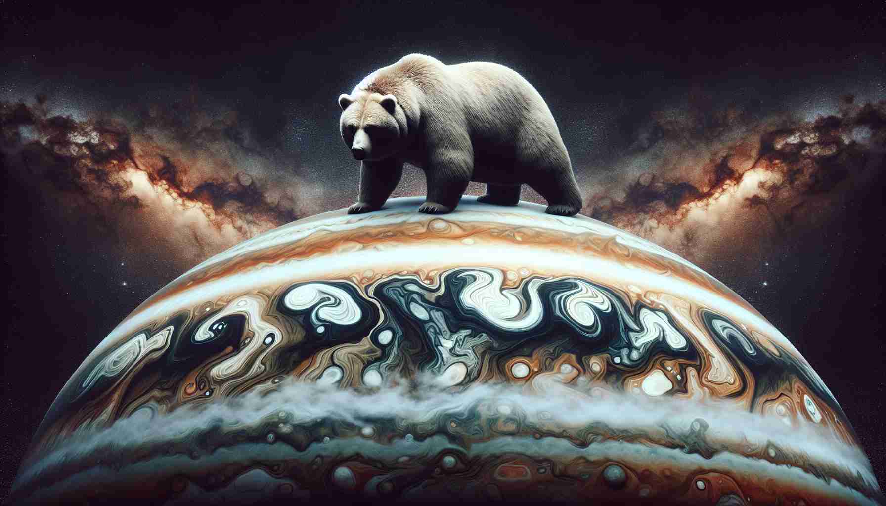 A high-definition, realistic portrayal of the planet Jupiter's surface with atmospheric patterns and stormy belts. Superimposed on this backdrop, there's a distinctively bear-shaped pattern, symbolising a market trend moving towards bearish territory. The bear appears to be emerging from the swirling storms of Jupiter, coalescing into form, representing the shift in the asset's trend.