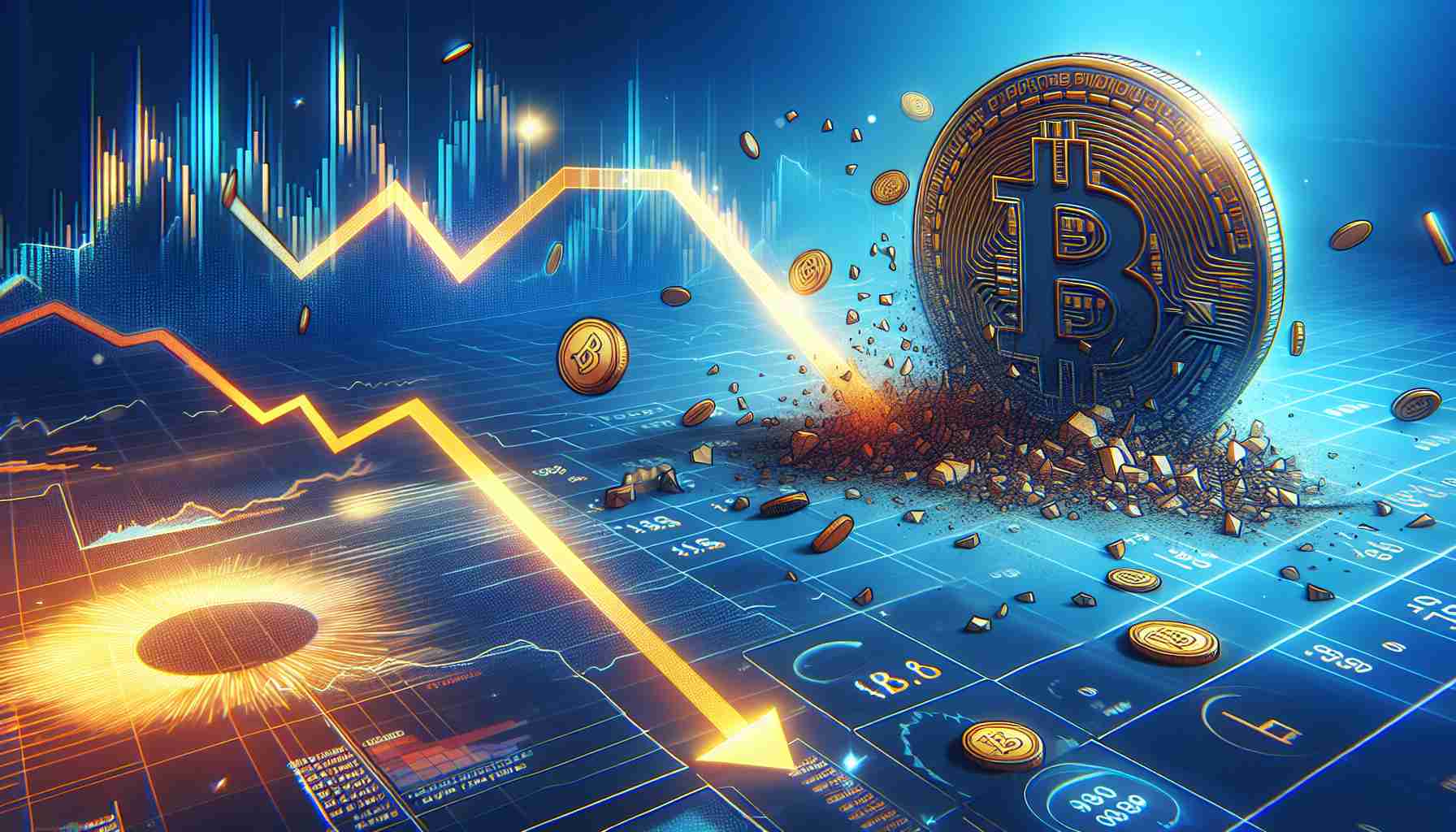 Create a detailed and realistic high-definition image representing the price tumble of a cryptocurrency named 'FLOKI', effectively visually conveying doubts on its potential recovery. The image should include elements such as price graphs and charts in decline, illustrating the significant fall in value. The charts may also include indicators representing a questionable future recovery of the currency.