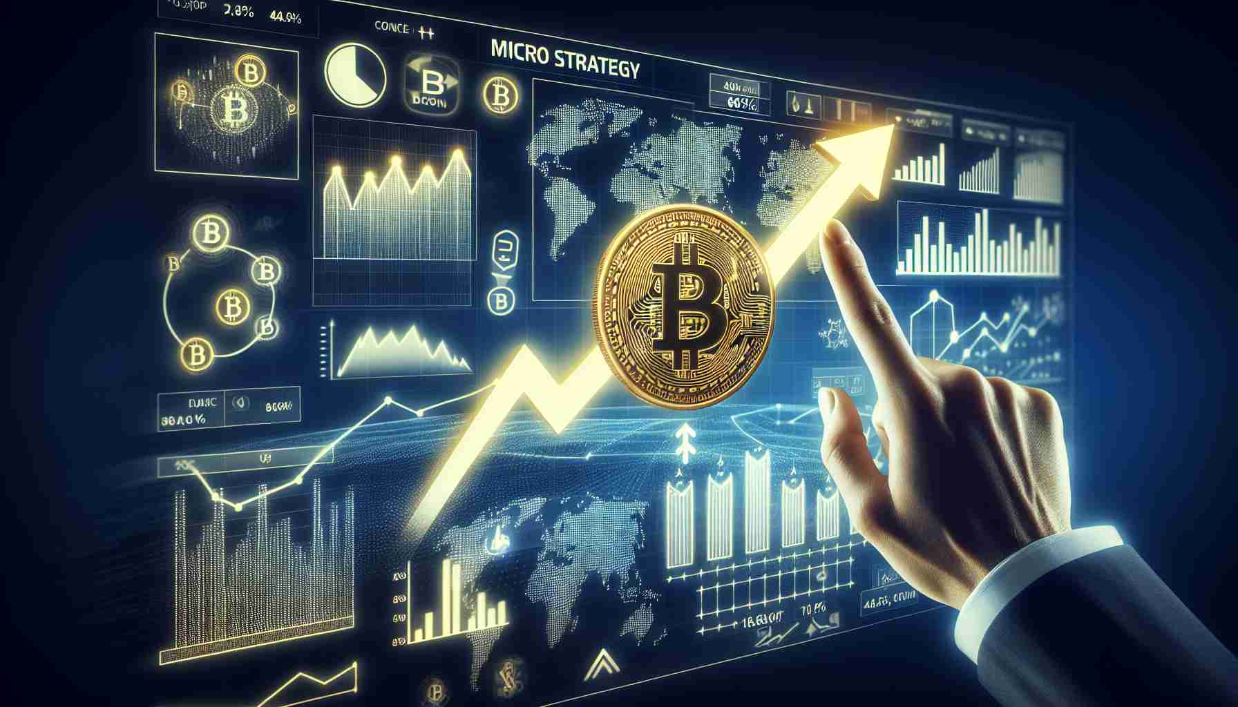 Create a high-definition, realistic image showcasing the concept of MicroStrategy's focus on Bitcoin. The image should creatively represent the potential of an 80% increase in its stock value. Note: the image graphic should not contain human figures but could include symbolic representations such as graphs, charts, Bitcoin symbols, or arrows indicating upward movement.