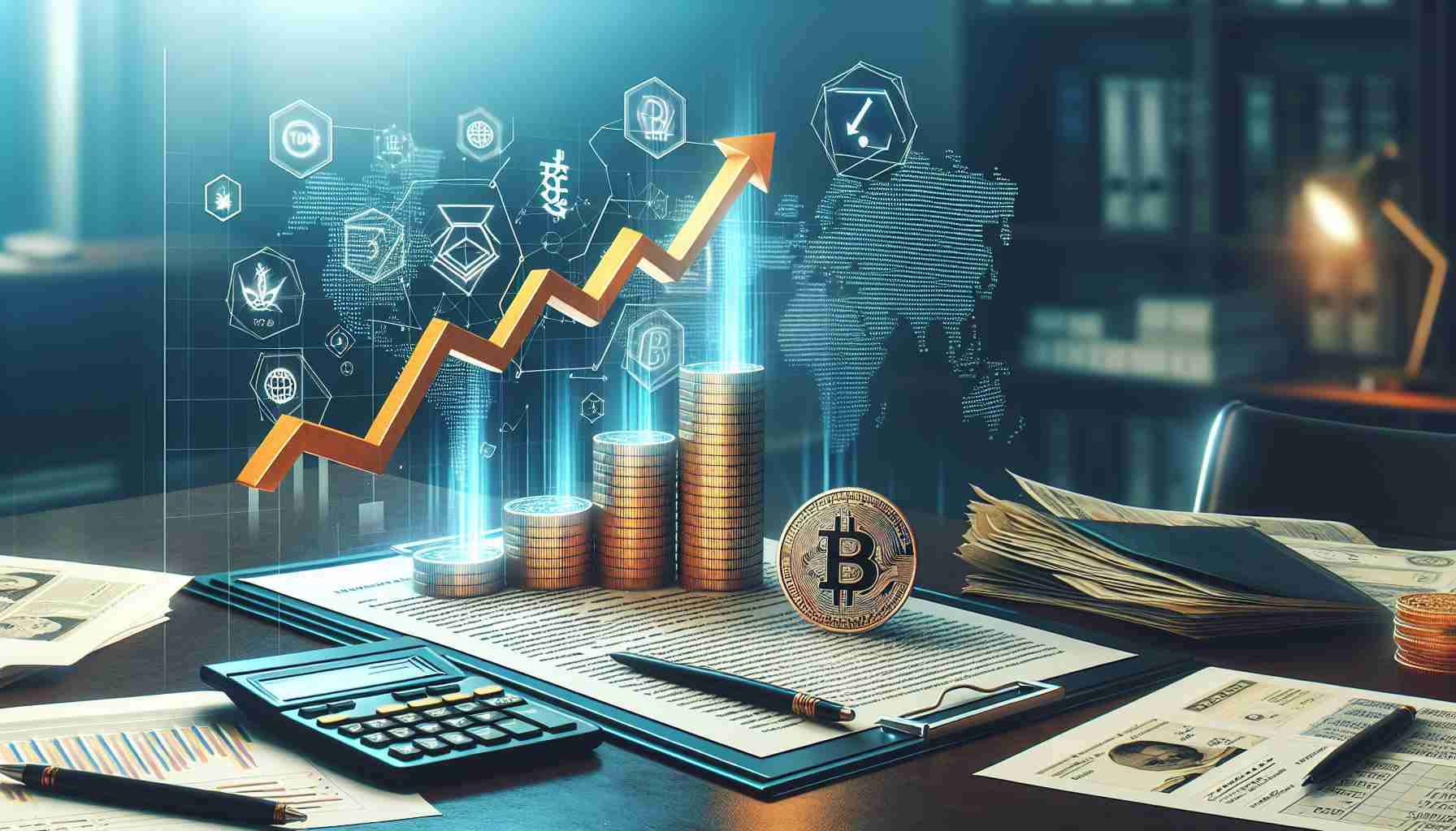 A realistic HD image illustrating the concept of India's cryptocurrency tax revision, possibly boosting revenue according to a policy paper. The image could feature various elements, such as a graph showing an upward trend, symbols for cryptocurrency, and an official document representing the policy paper. The setting can be an office or business environment.