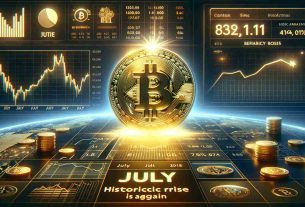 Create a high definition, realistic image. This image communicates the July historical rise seen in Bitcoin's value. The primary focus is a luminous, shining Bitcoin coin to symbolize its potential to again be impressive in value. Accompany this with graphics such as charts and numbers to showcase trends and historical data.