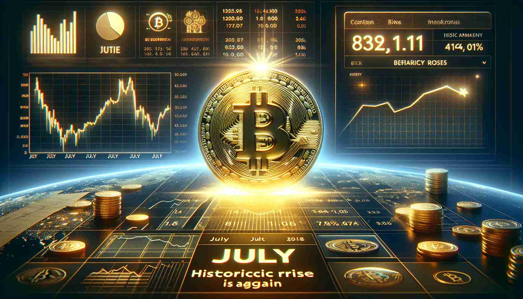 Create a high definition, realistic image. This image communicates the July historical rise seen in Bitcoin's value. The primary focus is a luminous, shining Bitcoin coin to symbolize its potential to again be impressive in value. Accompany this with graphics such as charts and numbers to showcase trends and historical data.