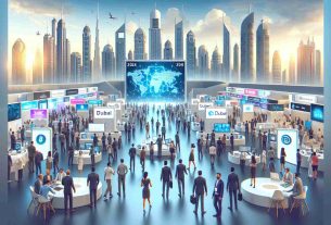 Create a highly detailed and realistic illustration representing a future event concept: '2024 Crypto Technology Conference in Dubai'. The image should depict a lively exhibition hall filled with various booths focused on blockchain technology, interactively presenting the future of cryptocurrency. Skyline view of the Dubai in the background is welcomed. Please include multicultural attendants from various demographics and note that everyone should be appropriately dressed for a professional tech conference.