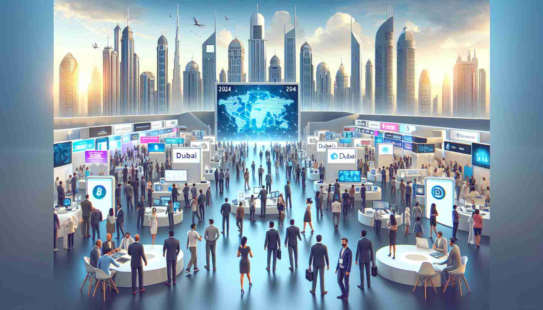 Create a highly detailed and realistic illustration representing a future event concept: '2024 Crypto Technology Conference in Dubai'. The image should depict a lively exhibition hall filled with various booths focused on blockchain technology, interactively presenting the future of cryptocurrency. Skyline view of the Dubai in the background is welcomed. Please include multicultural attendants from various demographics and note that everyone should be appropriately dressed for a professional tech conference.