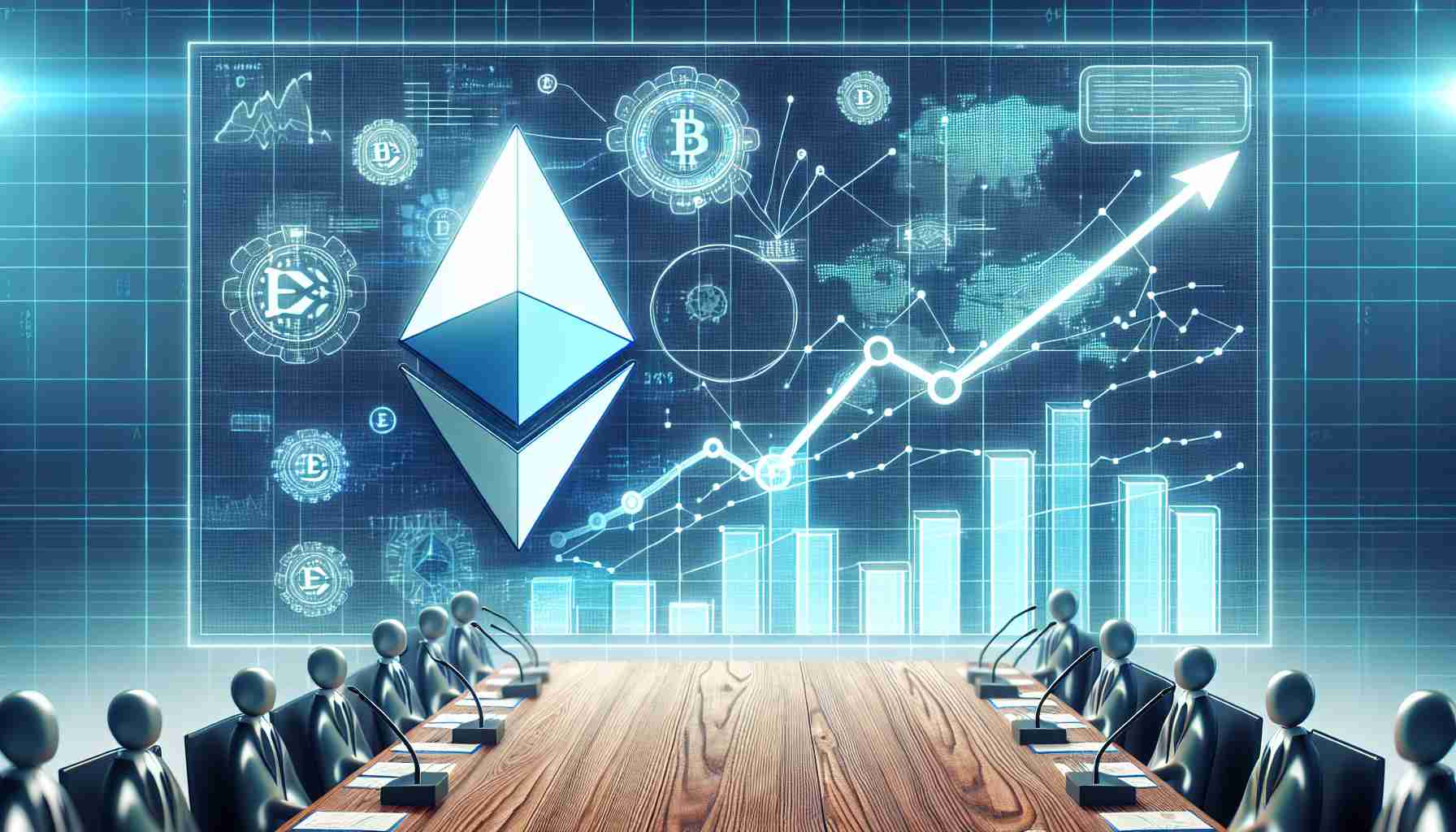 A high definition, photorealistic image of the concept of Ethereum-based Exchange Traded Funds (ETFs), represented by a set of digital symbols and graphs. The digital charts are showing an upward trend, signifying advancement. In the background, there are symbolic representations of discussions, such as microphones, podiums, and people in business attire discussing regulations about these ETFs.