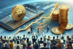 A realistic high-definition image depicting the concept of Bitcoin's growing popularity. The image could showcase an upward trending line on a graph symbolizing Bitcoin's price increase, coins embossed with the Bitcoin symbol stacking up to represent accumulation of wealth, and crowds of diverse people from different descents showing interest in it, perhaps through browsing on their digital devices or reading about it in financial newspapers.