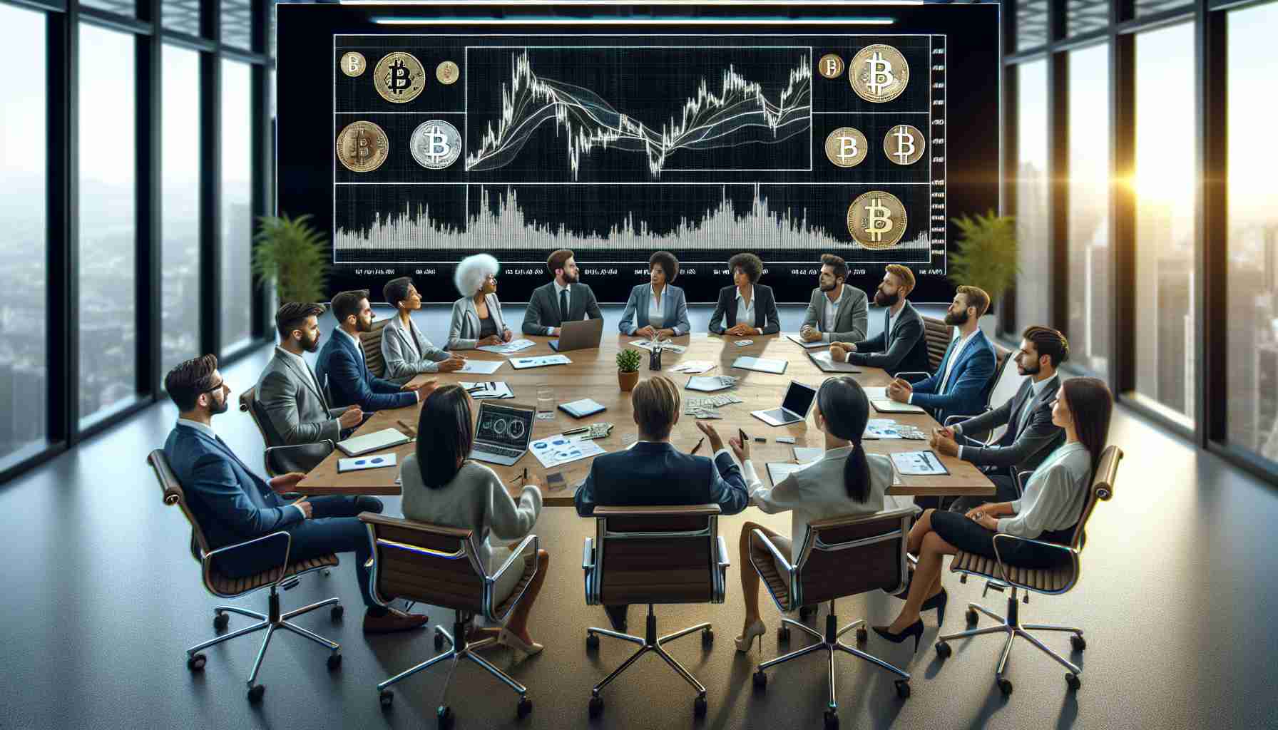 High-definition image of a round table financial discussion represented with a group of diverse people, comprising of men and women from African, Caucasian, Middle-Eastern, South Asian, and Hispanic descent discussing the volatility and uncertain trajectory of Bitcoin and the unpredictability of altcoins. The setting includes a large screen showing a fluctuating graph representing the constant price changes of cryptocurrencies, pens and notebooks spread on the table, the room is furnished with modern desks and office chairs.