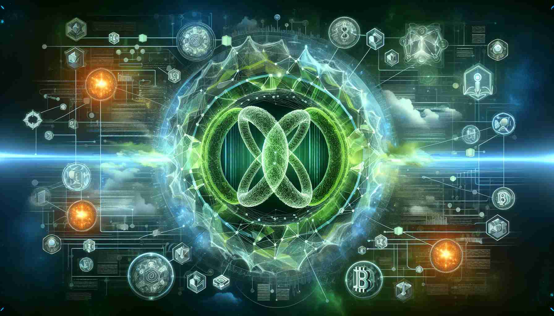 High-definition realistic digital illustration representing the concept of 'Green Blockchain Collaboration'. This could include a centralized graphic of two abstract entities representing 'Cronos' and 'Exaion' coming together to form a partnership. They are both enveloped in a green aura to symbolize eco-friendly innovations. Added to this, symbolic elements like a network of interlinked chains to illustrate 'Blockchain' and various symbols representing technological innovation might also be present in the overall image. Please avoid featuring any real-world individuals.