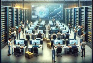 A high-definition, realistic image depicting the scene of various crypto mining companies responding to a dip in revenue. Visualize computers and servers with digital currency symbols on screens, placed in a large warehouse. Workers of diverse descents (Caucasian, Hispanic, Black, Middle-Eastern, South Asian) and genders are shown in the process of analyzing data and strategizing about their next moves. On a large whiteboard in the background, there are graphs and charts that depict a dip in Bitcoin value. Portray the atmosphere as tense and busy.