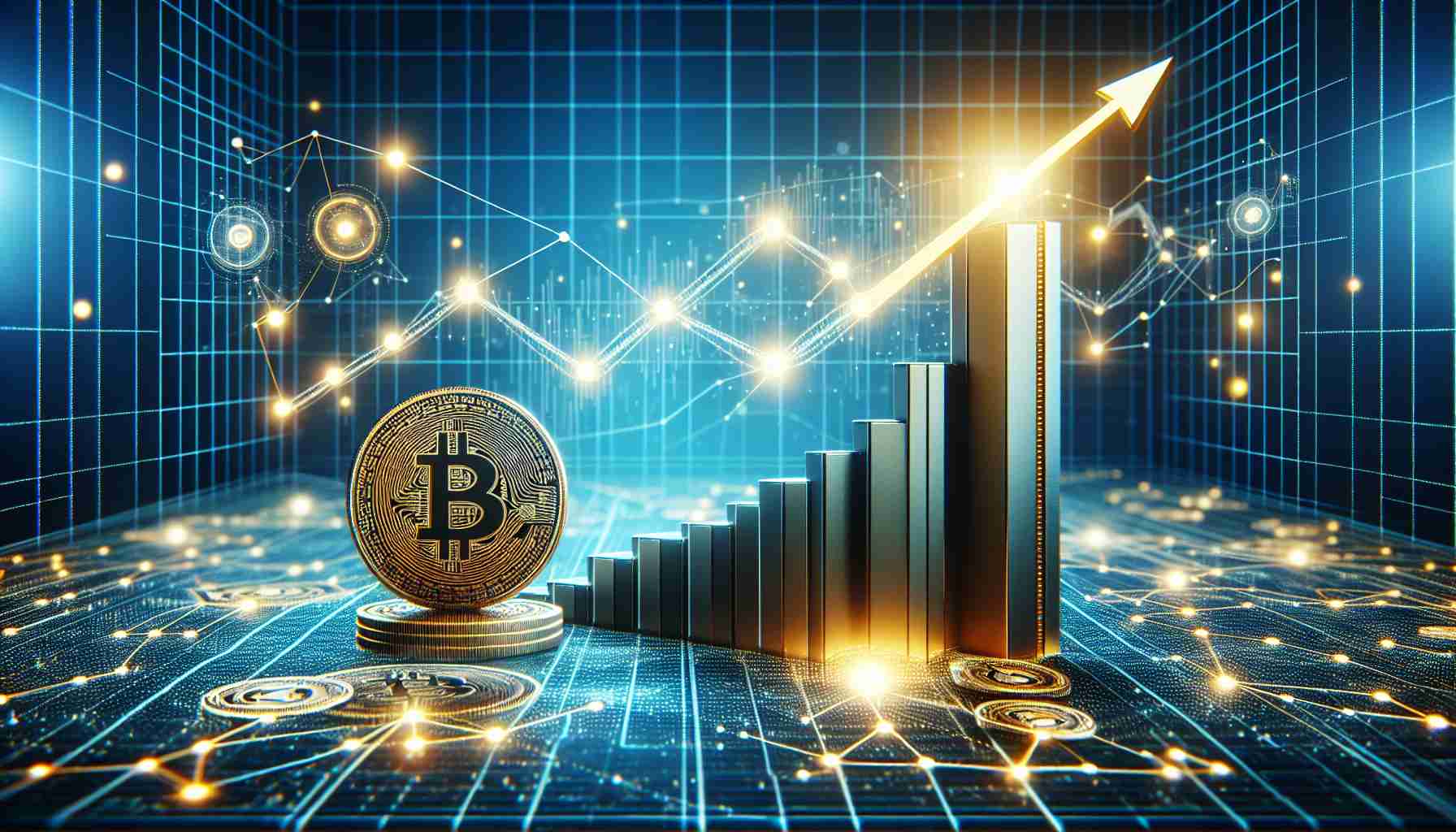 Generate a realistic high-definition image which graphically heralds the growth of a generic unspecified blockchain technology with the integration of a well-known digital token, represented allegorically by a rising graph intersected by a digital coin.