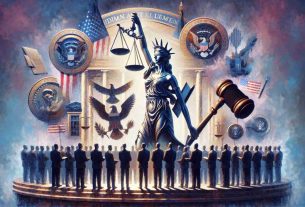 Create a conceptual image denoting the shifting balance of power in a federal agency as a result of changes in high court decisions. Incorporate symbolism like balance scales, gavels, and silhouettes or symbols of a random state leadership expressing approval. The image is envisioned as a realistic, high-definition painting.