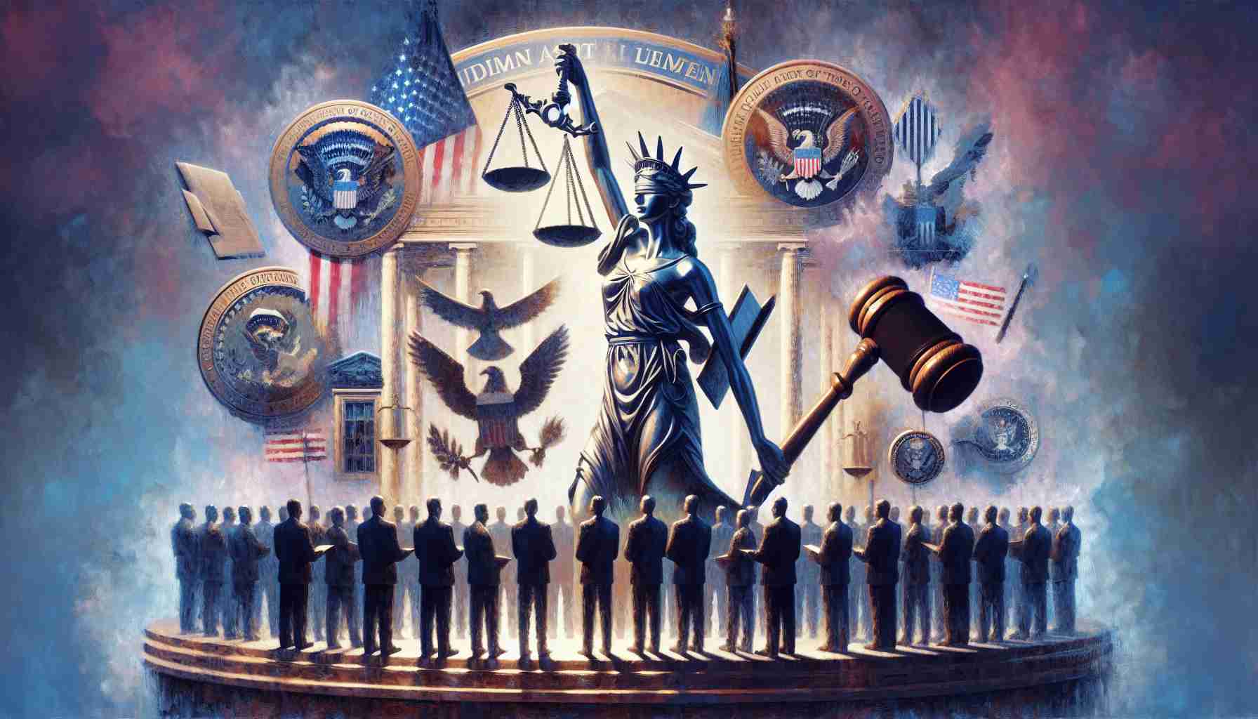 Create a conceptual image denoting the shifting balance of power in a federal agency as a result of changes in high court decisions. Incorporate symbolism like balance scales, gavels, and silhouettes or symbols of a random state leadership expressing approval. The image is envisioned as a realistic, high-definition painting.