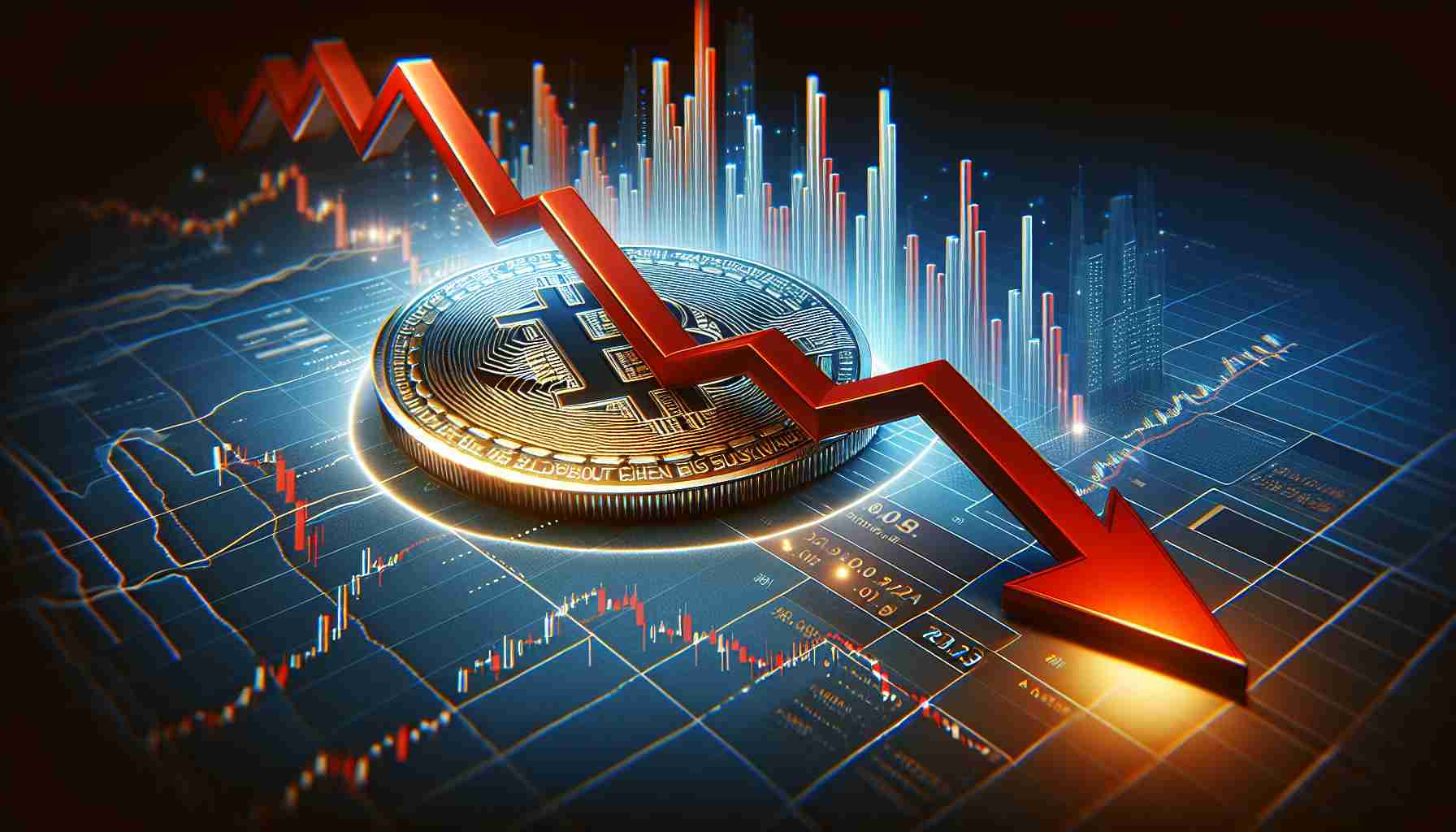 A high definition, realistic graphic illustrating the weakening market position of a prominent cryptocurrency. The image should include elements such as declining graphs, red arrows pointing downwards, and a cryptocurrency coin symbol, all evoking a sense of economic change.