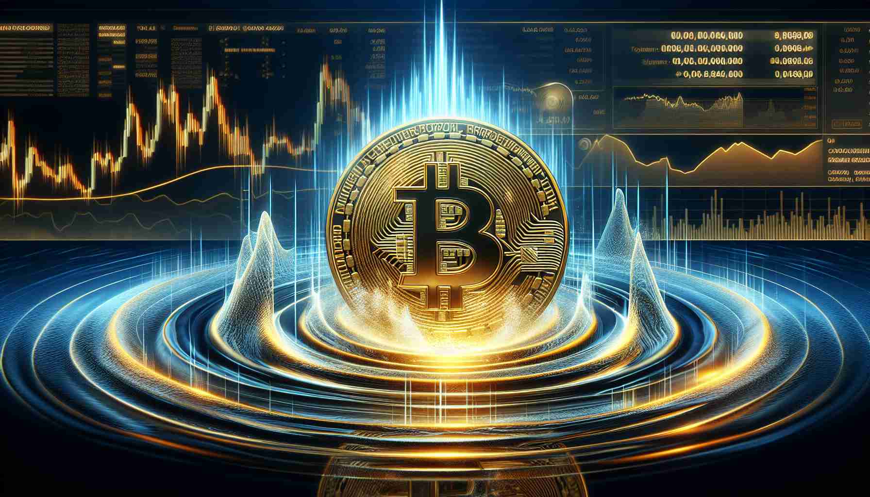 An image depicting the abstract concept of the ripple effect of cryptocurrency repayments on market dynamics. In the center, show a large golden coin representing cryptocurrency such as Bitcoin. Around it, illustrate waves of energy or ripples symbolizing the impact it has on the surrounding market. Include financial graphs and data charts in the background to represent the market dynamics. Make the image in high-definition and realistic style.