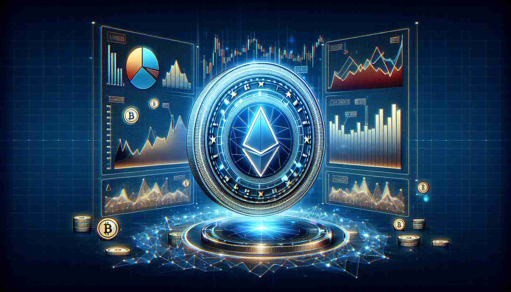 Generate a realistic high-definition image representing the concept of a cryptocurrency market value adjusting post-airdrop, with signs of ongoing development. The image should ideally have graphical representations like line graphs, bar charts, or pie charts showing the change in market value over time.