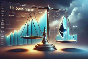 A realistic high-definition visual representation of the concept of Ethereum's open interest gaining, juxtaposed with the idea of trading hovering in limbo. A contrast between a rising graph labeled 'Ethereum's Open Interest' and an image of a scale perfectly balanced, symbolizing the uncertainty in trading.