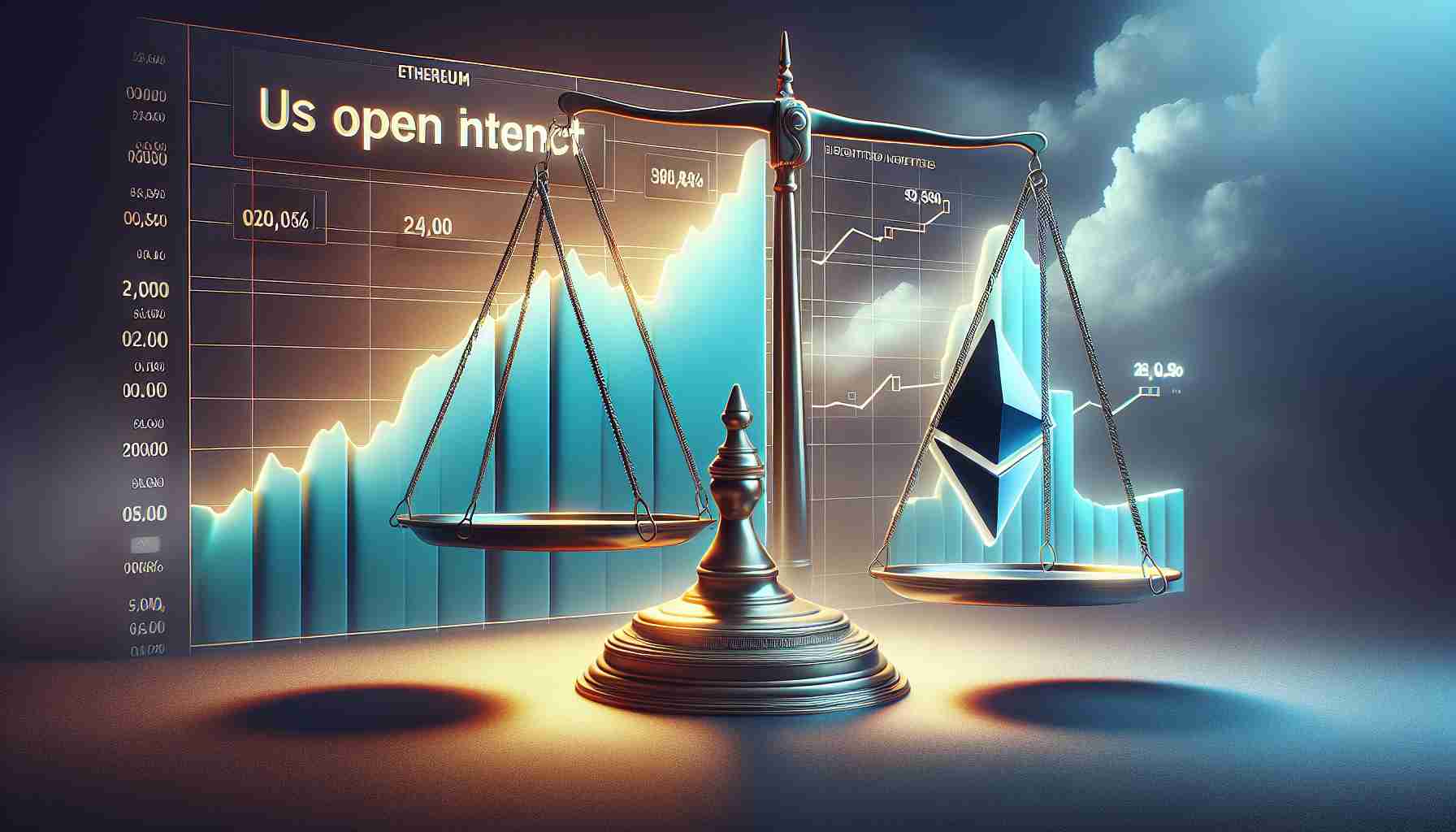 A realistic high-definition visual representation of the concept of Ethereum's open interest gaining, juxtaposed with the idea of trading hovering in limbo. A contrast between a rising graph labeled 'Ethereum's Open Interest' and an image of a scale perfectly balanced, symbolizing the uncertainty in trading.