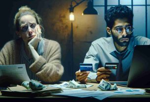 Depict a high-definition realistic image presenting the aftermath and emotional toll of online fraud on a family. This scene includes a Caucasian mother with tired eyes sitting at a computer desk filled with bills and paperwork. To her side, a Middle-Eastern father is shown holding a credit card, his face carrying an expression of worry and disbelief. Their mixed race son, a teenager wearing glasses, is viewing a webpage about online fraud on a laptop. His face reflects shock and understanding. All indoor lighting casts a somber and heavy atmosphere.