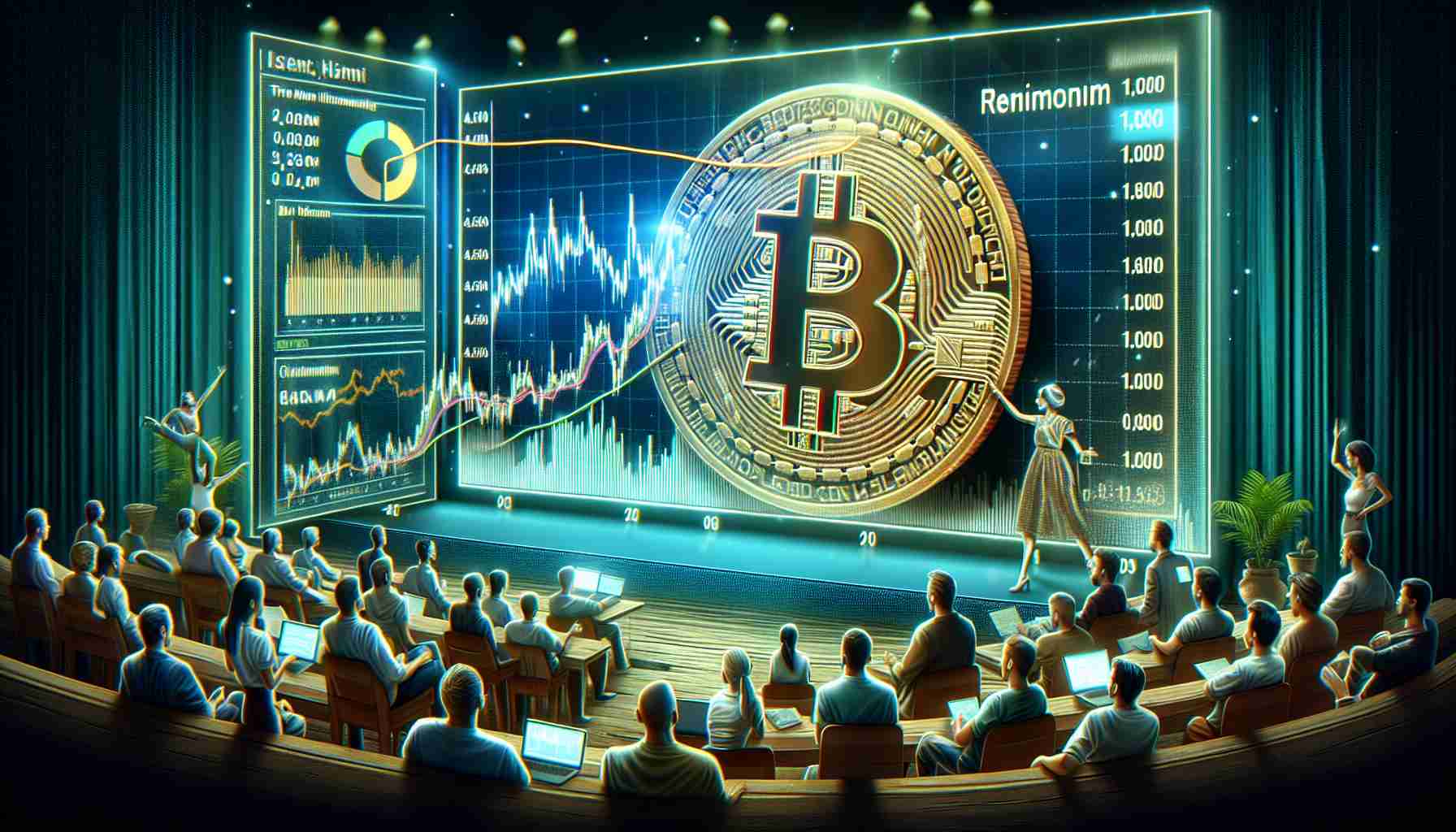 Visualize a realistic high-definition illustration representing Bitcoin near its one-month minimum value. The scene projects a sense of market anxiety with traders and spectators closely monitoring changes for a trend reversal. Embed awareness of the fleeting nature of digital currency values, with graphs and charts highlighting the recent decline, and eyes filled with anticipation of change.