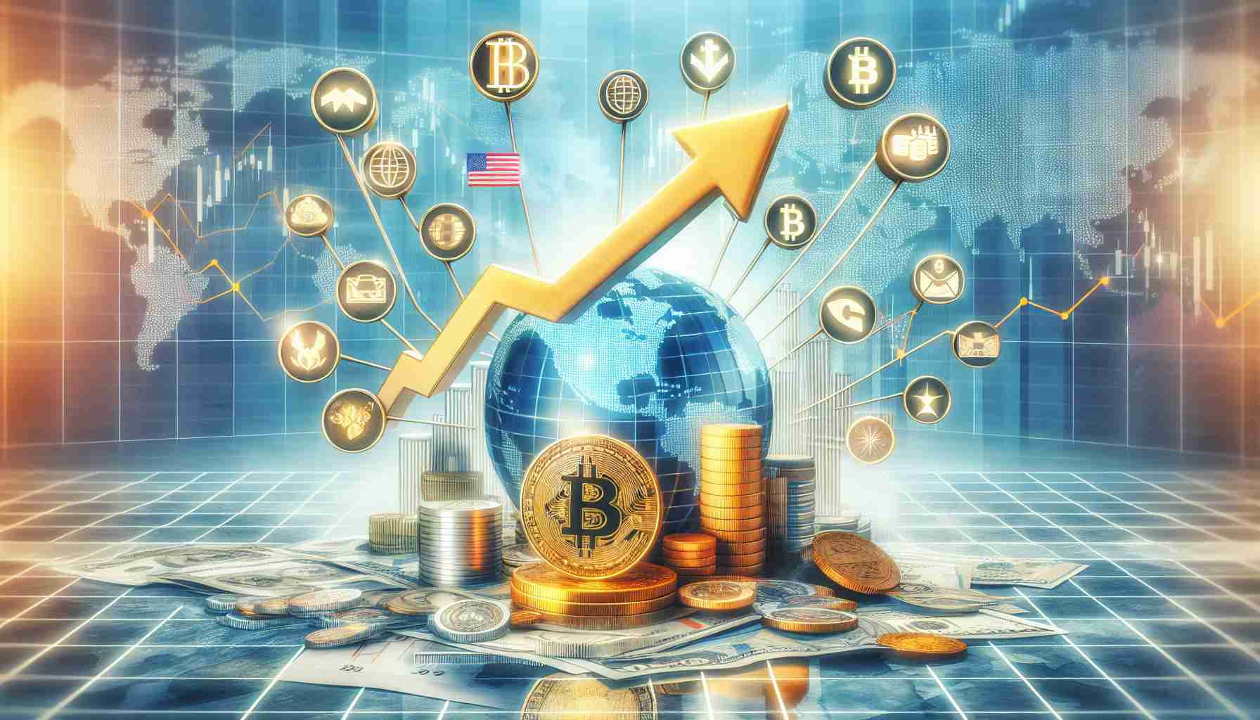 An HD photo portraying the concept of global acceptance and tax benefits that contribute to the growth of Bitcoin Spot ETFs. The scene should illustrate elements of worldwide recognition, such as various international symbols, and aspects of financial gain, maybe through symbols such as upwards pointing arrows and icons representing coins and cash. In the backdrop, include images of growing charts and graphs, symbolizing the increasing interest and investment in Bitcoin Spot ETFs.