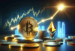 Create a high definition, realistic image showcasing the theme, 'Bitcoin Outshines Ethereum in Weekly NFT Sales', featuring symbolic representations of Bitcoin and Ethereum. The scene might include a shiny, golden Bitcoin symbol in the limelight, metaphorically outshining a less bright Ethereum symbol. Also, represent weekly NFT sales using a graph or chart pointing upwards, reflecting robust sales trends.