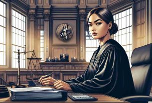 Detailed HD illustration of a serious jurist, in the legal setting, ruling in favor of a wealthy individual's right to file a lawsuit against a large social media company due to allegations of false advertising. The jurist, an insightful South Asian female, wears a black robe and stern expression. The courtroom interior exudes authority with grand wooden panels, tall windows letting soft daylight in, and a symbolic scale of justice. Place relevant documents on her desk. The scene should speak to the gravity of the decision.